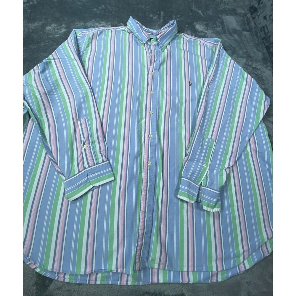 Ralph Lauren Button Up Shirt Men Large Blue Green Stripe Classic Fit Cotton Logo